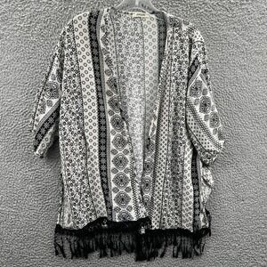 Womens Kimono Cardigan XL Black White Boho Festival Fringe Artsy Layering Flowy